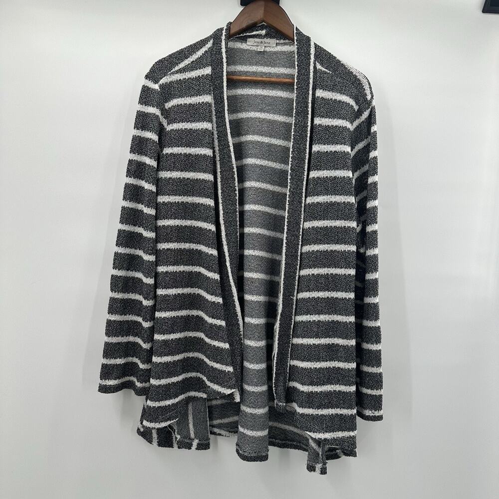 Jess Jane Cardigan Sweater Womens 1X Gray Stripe Textured Open Front Art Relaxed